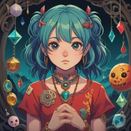 A whimsical illustration of a character with a prominent pimple between their eyes, surrounded by lucky jewelry such as necklaces, bracelets, and rings, sparkling gems reflecting light, playful and humorous mood, vibrant colors, detailed expression showcasing a mix of surprise and acceptance, softly blurred background focusing on the jewelry and pimple, 4k