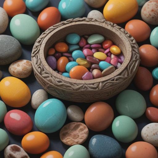 A serene still life composition featuring a collection of carefully arranged lucky stones for under-eye wrinkle care, soft natural lighting, textures of various stones like jade and amethyst, delicate greenery in the background, calming atmosphere, mindfulness theme, 4k