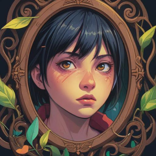 A detailed illustration depicting a person looking in the mirror, concern on their face, a close-up of a breakout under the eyes, ethereal light surrounding them, symbols of spiritual awareness in the background, a calming aura, representing self-reflection and growth, vibrant colors, dreamlike quality, 4k