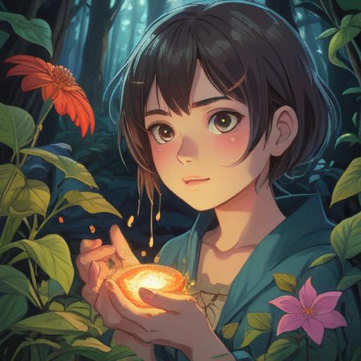 A serene illustration of a person applying a lucky stone under their eyes, glowing softly, surrounded by healing herbs and natural elements, warm sunlight filtering through, gentle smile, positive energy, detailed texture of the stone, comforting atmosphere, 4k