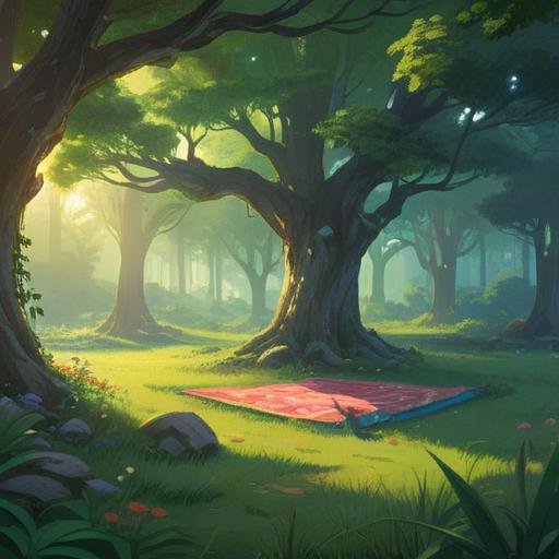 A serene scene depicting a tranquil meditation space, gentle sunlight filtering through leafy trees, a cozy mat laid on the grass, calming elements like candles and incense, a person sitting peacefully in lotus position, surrounded by nature, soft sounds of a flowing stream, an atmosphere of mindfulness and relaxation, vibrant greenery and blossoming flowers, 4k