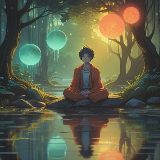 A serene and ethereal scene, glowing orbs of light representing positive energy, a tranquil figure meditating in a natural setting, vibrant colors with a mystical aura, soft focus on the figure’s eyes hinting at inner pain transforming into spiritual wisdom, lush greenery and gentle streams in the background, harmonious balance, 4k