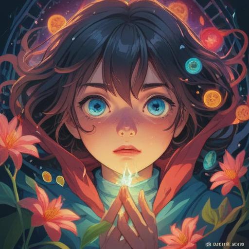 A mystical scene depicting the experience of deep eye pain, ethereal light surrounding the eyes, symbols of spiritual awareness in the background, a feeling of introspection and wisdom, serene expression on the character's face, vibrant energy radiating, 4k