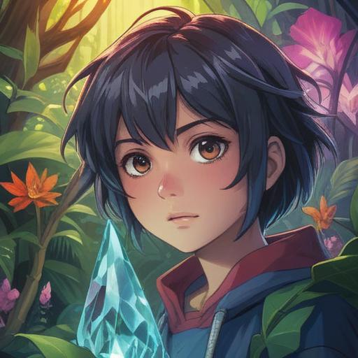 A close-up portrait of a crystal with a soft glow, nestled among soothing plants, radiating healing energy, vivid colors, ethereal light reflections, peaceful ambiance, emphasizing the calming effect on eye pain, high detail, 4k