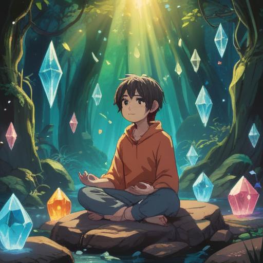A serene healing scene depicting a person meditating with shimmering crystals surrounding them, soft light reflecting off the crystals, a tranquil atmosphere, gentle colors, natural elements like plants and flowing water, an aura of calm and relaxation, detailed texture of the crystals, peaceful expression on the person's face, 4k