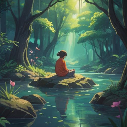 A serene and calming scene depicting a person meditating in a tranquil environment, soft light filtering through trees, a gentle stream flowing nearby, symbols of healing energy surrounding the figure, vibrant colors radiating from the heart chakra, peaceful facial expression, detailed nature elements, spiritual motifs, 4k