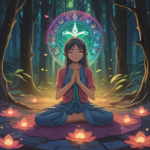 A serene illustration representing spiritual interpretation of sagging eyes, a figure meditating under a glowing aura, surrounded by soft light and gentle colors, nature elements symbolizing wisdom and introspection, ethereal atmosphere, detailed facial expression showing tranquility, harmonious composition, 4k