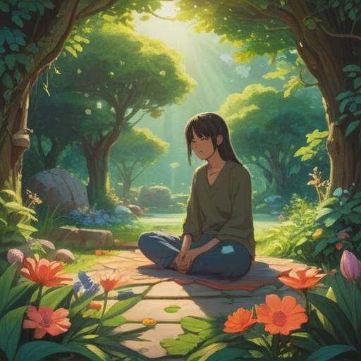 A calming scene of a person meditating in a tranquil garden, surrounded by lush greenery and blooming flowers, soft sunlight filtering through the leaves, gentle breeze creating ripples on a small pond, peaceful expression on the person's face, harmonious atmosphere, focusing on mindfulness and serenity, 4k