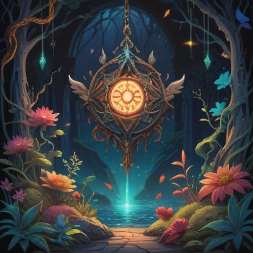 A spiritual amulet designed to alleviate blurred vision, intricate patterns, glowing symbols, calming colors, nature elements like leaves and flowers, serene atmosphere, mystical aura, tied with a soft ribbon, displayed on a delicate fabric, 4k