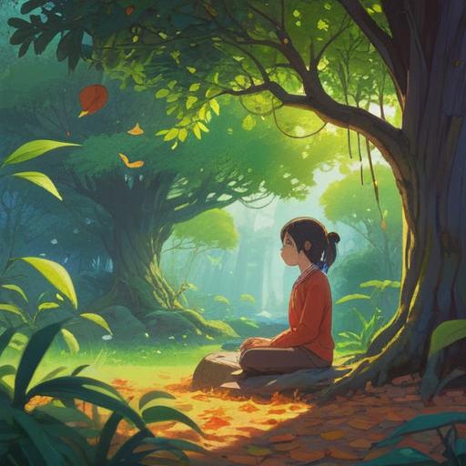 A serene nature scene, a person meditating under a tree, soft sunlight filtering through leaves, gentle breeze, peaceful expression, colorful flowers surrounding, ethereal atmosphere, symbolic representation of spiritual growth and clarity, 4k