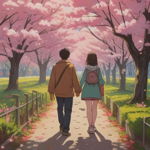 A serene and romantic scene, a couple walking hand in hand under cherry blossom trees, gentle sunlight filtering through the petals, warm smiles on their faces, symbols of love and connection, a peaceful park setting, harmonious colors, inviting atmosphere, hints of personal growth and attraction, 4k