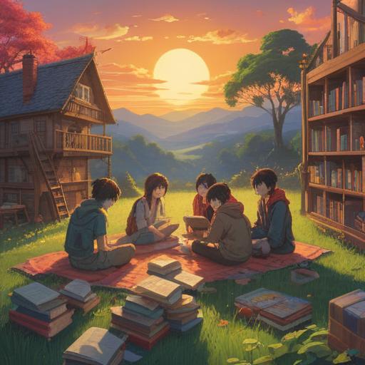 A serene landscape depicting a peaceful gathering of diverse people sharing ideas, symbols of collaboration such as books and laptops scattered around, warm sunlight illuminating their faces, cheerful expressions, harmonious interaction, nature in the background, vibrant colors, inviting atmosphere, 4k