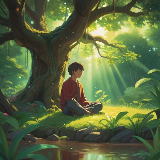 A serene and peaceful scene depicting a person meditating under a tree, gentle sunlight filtering through the leaves, an aura of tranquility surrounding them, soft glowing light emanating from their eyes, symbolizing inner healing and spiritual awakening, harmonious nature setting, gentle breeze, calming colors, 4k