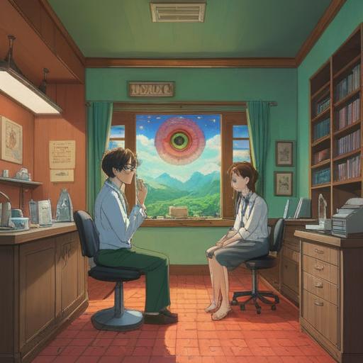 A serene scene depicting a friendly optometrist discussing eye health with a patient, bright clinic interior, charts with eye diagrams on the walls, gentle sunlight filtering through the windows, patients engaging in eye exercises, healthy foods like carrots and leafy greens on a table, calm and inviting atmosphere, focus on communication and education, 4k