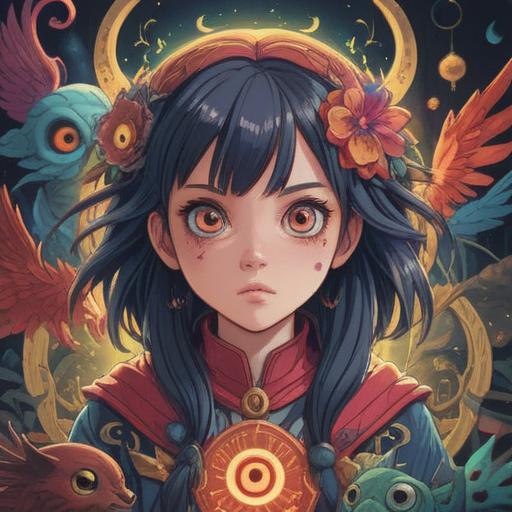 A spiritual illustration depicting a character with oversized eyes, surrounded by vibrant light and ethereal symbols, conveying a sense of connection to the universe, calm and peaceful expression, harmonious energy flow, nature elements in the background, colorful aura, 4k