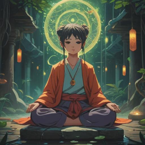 A serene and mystical illustration depicting a person with small eyes in a meditative pose, surrounded by ethereal light, symbols of spirituality floating around them, harmonious colors, peaceful atmosphere, nature elements like trees and flowing water, representing inner wisdom and clarity, 4k