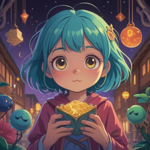 A whimsical illustration of a small-eyed character holding a lucky charm, vibrant colors, enchanting atmosphere, surrounded by sparkling stars and four-leaf clovers, cute expression, playful setting, charming details, 4k