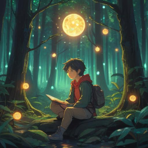 A person with lifeless eyes sitting peacefully in a serene forest, surrounded by glowing orbs of light, the sun filtering through the trees, a subtle aura around the figure, reflecting tranquility and enlightenment, nature’s harmony, deep connection with the spiritual realm, 4k