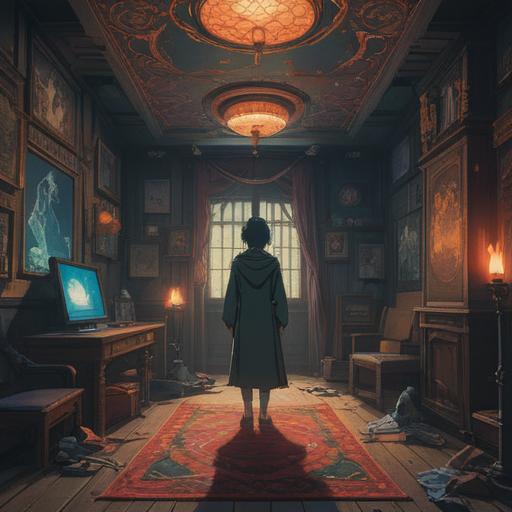 A person with lifeless eyes standing in a dimly lit room, an aura of unease lingering around them, subtle spiritual symbols in the background, contrasting vibrant colors, emotional tension, reflective mood, capturing a moment of awareness, 4k