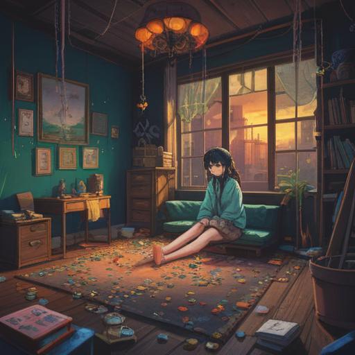 A surreal illustration of a person with lifeless eyes sitting in a dimly lit room, surrounded by lucky charms like a four-leaf clover, a rabbit's foot, and a horseshoe, contrasting the bleakness of their expression, vibrant colors of the lucky items, hope and despair juxtaposed, intricate details, atmospheric lighting, 4k
