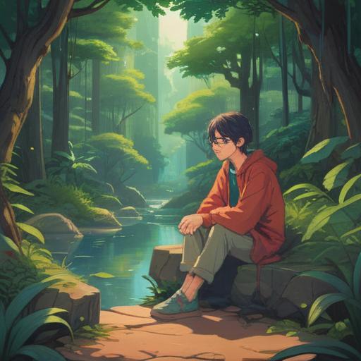 A serene and reflective scene depicting a person with glasses sitting peacefully in a beautiful, tranquil setting, surrounded by nature, vibrant greenery, soft sunlight filtering through trees, an aura of calmness and positivity, symbolic elements like gentle butterflies and blooming flowers representing growth and insight, capturing a sense of spiritual awakening and clarity, 4k