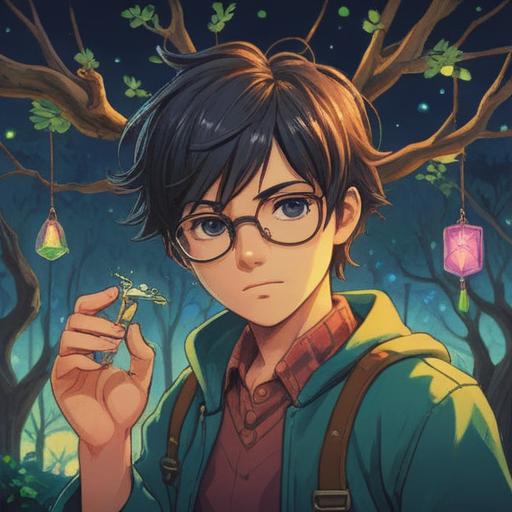 A whimsical illustration of a lucky charm designed to improve eyesight, featuring a sparkling pair of glasses hanging from a magical tree, surrounded by vibrant flowers and glowing orbs, a gentle breeze rustling the leaves, enchanting atmosphere, detailed textures, bright colors, 4k