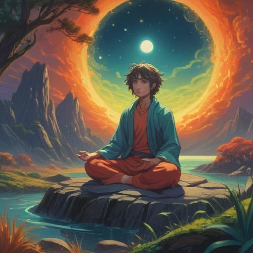 A surreal illustration representing the spiritual meaning of itchy eyes, ethereal aura, a figure meditating in a tranquil landscape, vibrant energy swirling around, connections to intuition and insights, blooming flowers symbolizing awareness, dreamlike colors, mystical symbols floating in the air, serene atmosphere, otherworldly essence