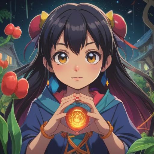 A person with sparkling eyes, holding a lucky charm, vibrant colors, whimsical atmosphere, cheerful expression, magical glow around the charm, detailed background featuring elements of luck like four-leaf clovers and shooting stars, joyful surprise, well-defined character design, 4k