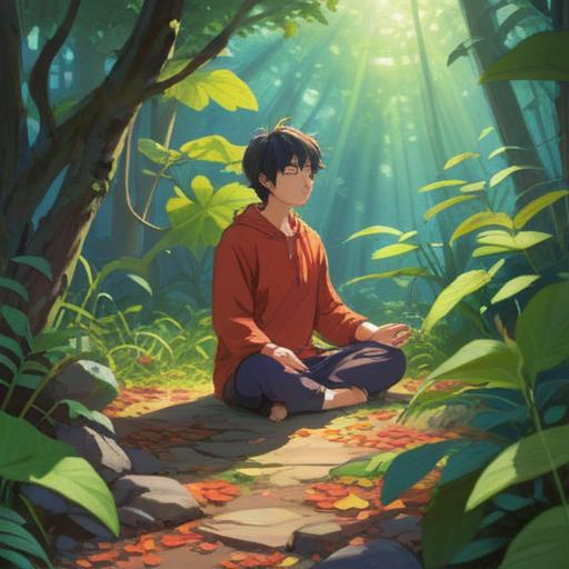 A serene depiction of a person practicing morning meditation on a Thursday, surrounded by nature, sunlight filtering through the leaves, a calm and focused expression, elements of positivity and mindfulness, gentle breeze, rich greenery, signs of growth and prosperity, harmonious atmosphere, 4k