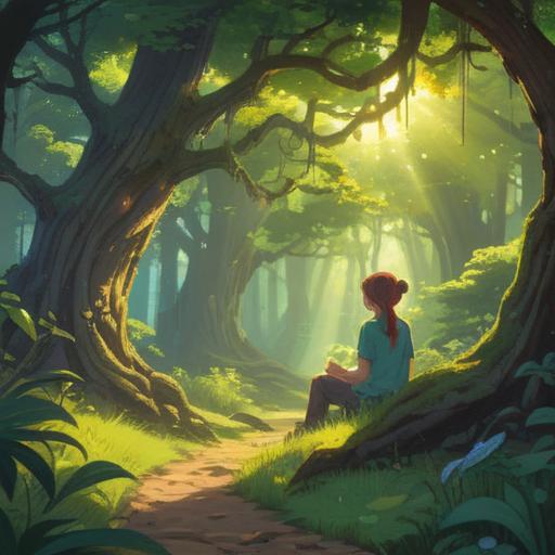 A serene forest scene, sunlight filtering through the trees, vibrant green leaves, gentle breeze, a figure meditating under a large oak tree, symbolic representation of energy flow, ethereal light surrounding the figure, connection with nature, peaceful atmosphere, harmonious balance, spiritual awakening, 4k