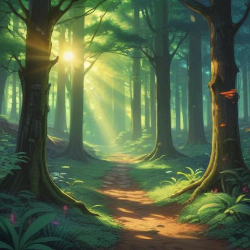 A serene forest scene, sunlight filtering through the leaves, vibrant green trees, gentle breeze, mystical aura, spiritual symbols in the air, flowing energy, harmonious nature, clear blue sky, tranquil atmosphere, inviting path leading deeper into the woods, 4k