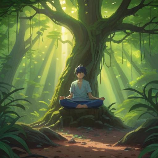 A serene forest scene, vibrant green foliage, sunlight filtering through tree branches, a person meditating under a large tree, rays of light creating a mystical aura, subtle sparkles representing spiritual energy, calm atmosphere, connection with nature, high detail, 4k