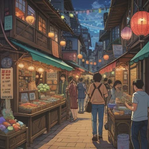 An illustration of a bustling marketplace, various stalls filled with colorful goods, people interacting and exchanging items, a vibrant community atmosphere, sunlight filtering through trees, detailed textures of fruits and crafts, joyful expressions on faces, 4k