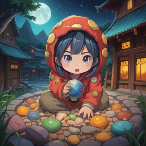 A whimsical illustration of a child's bottom with visible Mongolian spots, surrounded by a vibrant and colorful lucky stone, playful and cheerful atmosphere, soft lighting, detailed textures, imaginative elements, charming character design, enchanting scenery, 4k