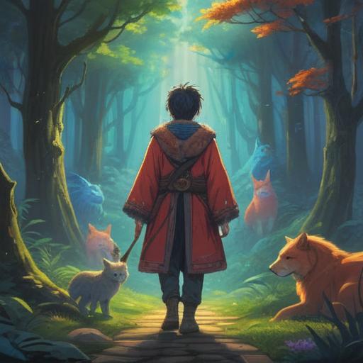 A mystical scene depicting a person wearing fur, surrounded by ethereal light, symbolic animals representing spiritual signs, a serene forest backdrop, gentle whispers of nature, vibrant colors, a sense of tranquility and awareness, 4k