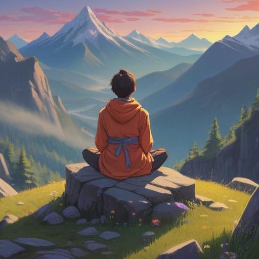 A serene moment of spirituality, a person meditating peacefully on a mountain top, surrounded by soft fur elements, ethereal light filtering through the trees, feathers and crystals scattered around, a sense of tranquility and connection with nature, vibrant colors, atmospheric perspective, 4k