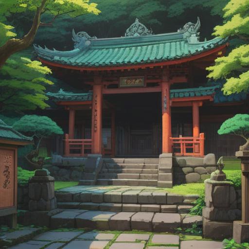 A serene scene depicting the spiritual essence of Kogane Kuro Dragon Shrine, lush green surroundings, traditional Shinto architecture, intricate carvings, misty atmosphere, worshippers in reverence, symbols of dragons and spirituality, harmonious nature, tranquil setting, soft sunlight filtering through trees, vibrant colors, 4k