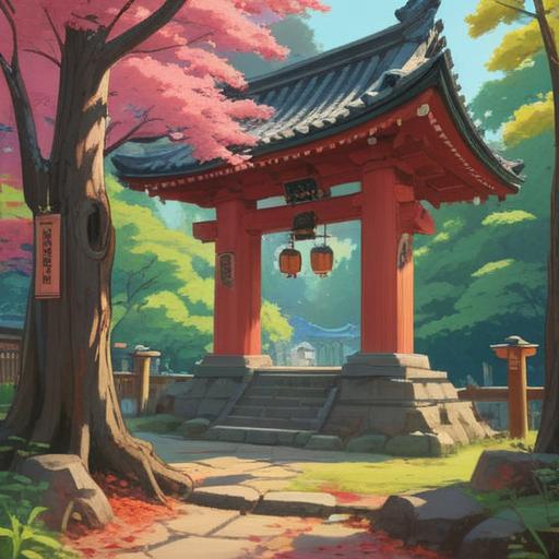 A serene landscape of Koyagikuro Shrine, mystical atmosphere, ancient trees surrounding the shrine, gentle sunlight filtering through the leaves, vibrant colors representing spiritual energy, traditional Japanese architecture of the shrine, symbols of good omens and blessings, peaceful ambiance, intricate details in the architecture, 4k