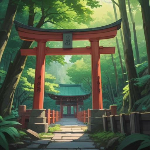 A serene atmosphere at the Kogatake Kuroyama Shrine, lush green trees surrounding the shrine, visitors engaging in spiritual practices, glowing orbs of light symbolizing spiritual signs, tranquil river flowing nearby, vibrant autumn leaves creating a picturesque backdrop, soft rays of sunlight filtering through the branches, peaceful emotions among the visitors, 4k