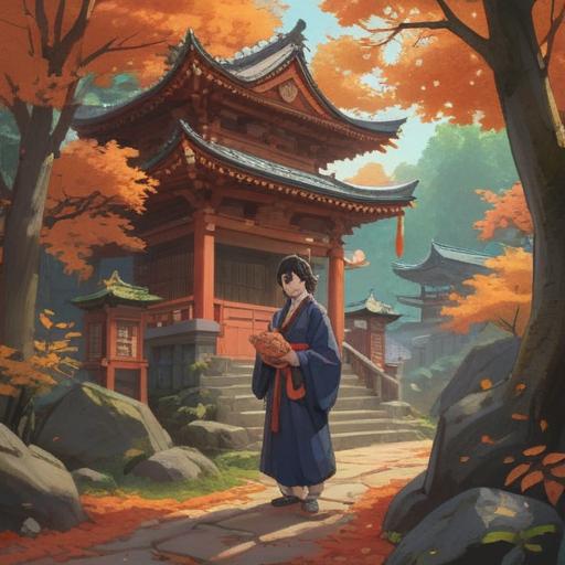 A serene landscape of Kogane Kurodragon Shrine, visitors in traditional attire, holding lucky charms, vibrant foliage in autumn colors, peaceful atmosphere, subtle sunlight filtering through trees, decorative elements of Japanese culture, 4k
