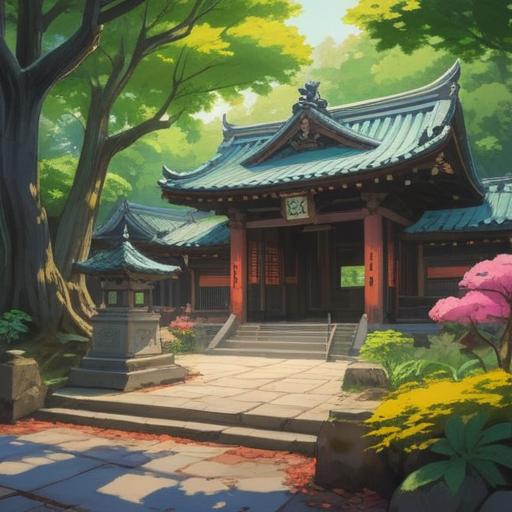 A serene illustration of a peaceful shrine visit at Kogane Kuro Ryu Shrine, a tranquil setting surrounded by lush greenery, soft sunlight filtering through the trees, a person meditating by a stone lantern, calming water reflections, symbolic offerings laid neatly, an atmosphere of mindfulness and spiritual balance, 4k