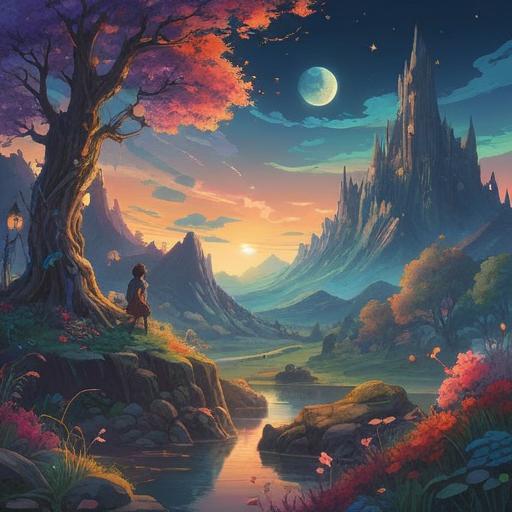 Whimsical dreamscape, ethereal elements, swirling colors, imaginative realm, spiritual symbols intertwined, fantasy landscapes, introspective character lost in thought, surreal and vibrant atmosphere, mystical allure, 4k