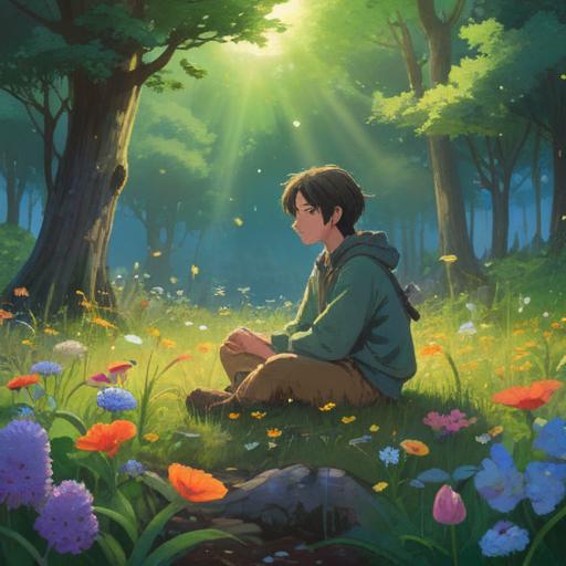 A serene and whimsical scene depicting a person sitting cross-legged in a field of wildflowers, surrounded by ethereal orbs of light and colorful butterflies, a gentle breeze rustling through the grass, a sense of tranquility and connection to nature, soft rays of sunlight breaking through the clouds, suggesting enlightenment and awareness, dream-like atmosphere, vivid colors, spiritual elements, 4k