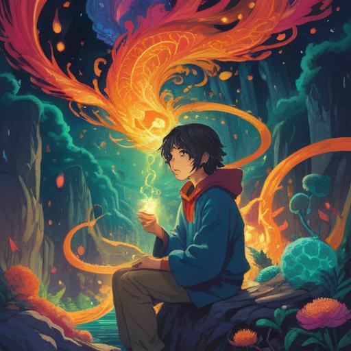 A mystical representation of a person deep in thought, surrounded by swirling, intangible symbols representing spiritual signs, vivid dream-like colors, ethereal lighting, a serene but contemplative atmosphere, intricate details of the environment reflecting the complexity of their imagination, potential warning signs subtly illustrated, showcasing both beauty and caution, 4k