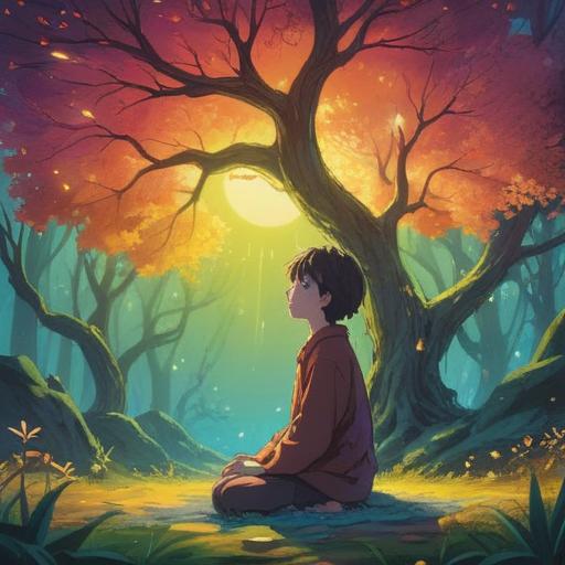 A serene visualization of a person meditating under a tranquil tree, surrounded by swirling colorful energy representing imagination and creativity, ethereal light illuminating the scene, peaceful facial expression, harmonious connection between mind and nature, abstract elements symbolizing spiritual growth, soft bokeh effect in the background, vibrant colors blending, 4k