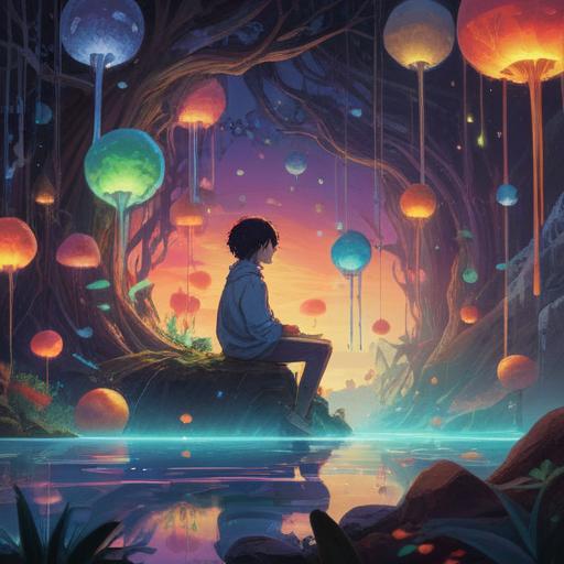 A conceptual illustration depicting a person deep in thought, surrounded by floating ideas and colorful dream-like images, representing imagination as a tool for self-growth, vibrant colors, serene expressions, a mix of reality and fantasy elements, motivational atmosphere, intricate details in the background, 4k