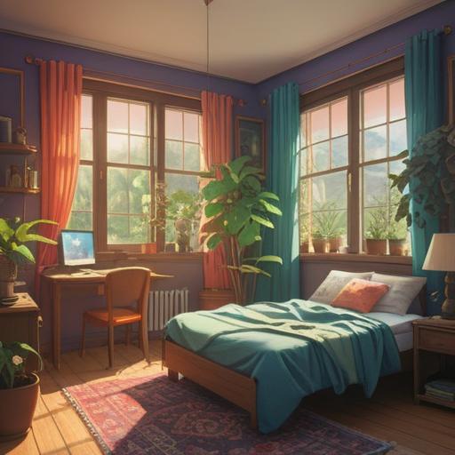 A serene and calming illustration of a cozy room, gentle sunlight filtering through the curtains, vibrant plants around, a sense of renewal and rejuvenation, flowing energy represented through soft colors and patterns, symbols of transformation and clarity, inviting atmosphere, cozy furnishings, 4k
