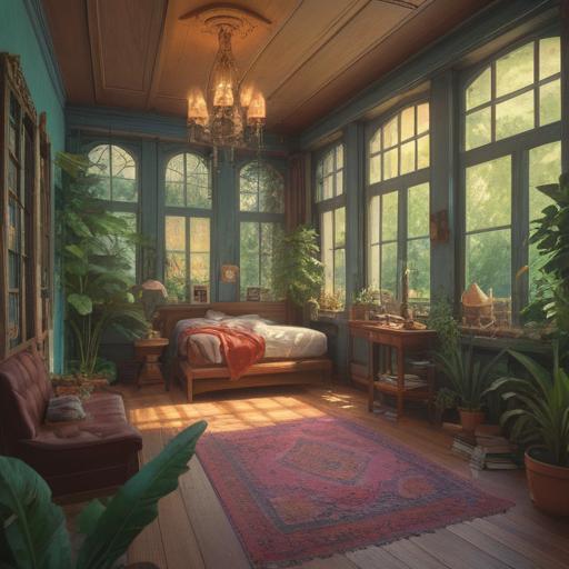 A serene interior transformation, cozy atmosphere, calming color palette, spiritual symbols integrated into decor, natural light streaming through windows, plants enhancing positive energy, harmonious arrangement of furniture, inviting space for meditation and reflection, 4k