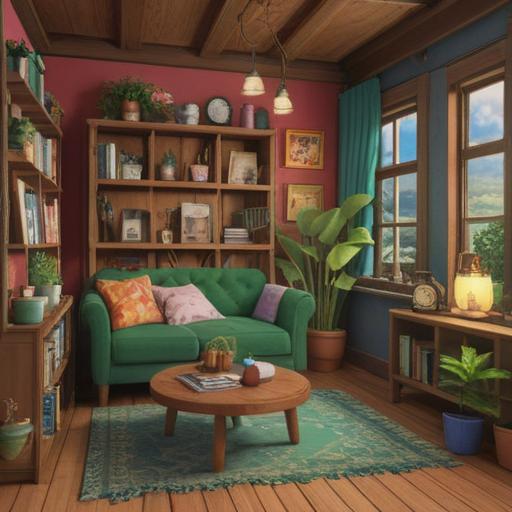 A charming living room transformation, featuring vibrant decor items, a beautifully arranged bookshelf, fresh plants adding life, a cozy atmosphere, warm lighting, inviting textures, a lucky charm prominently displayed, harmonious colors, 4k