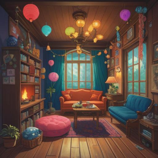 A whimsical scene depicting a character discovering a lucky charm, bright colors, playful elements, a cozy room filled with mundane objects, sunlight streaming through a window, cheerful expressions, transforming dull moments into laughter, vibrant energy, 4k